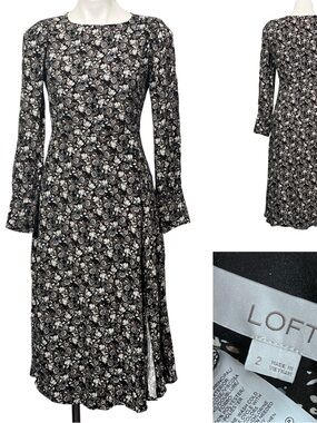 LOFT dress sz 2-6 Black Floral Long-Sleeve Midi w/ side slit